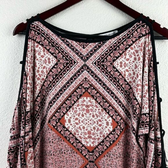 Rose + Olive Womens Size L Long Cutout Sleeve Tunic Orange Rust Bohemian Mandala - Picture 3 of 10